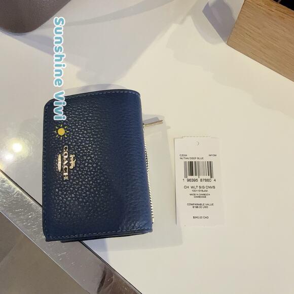 NWT Coach Card Holder Wallet In Signature Canvas CZ034 Tan/Deep Blue - Picture 2 of 10